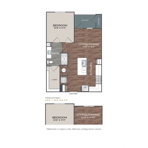 Floor plan for 1 bed, 1 bath, 684 sqft